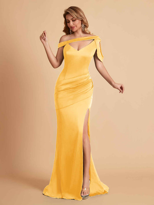 Sexy Soft Satin Unique V-Neck Side Slit Floor-Length Mermaid Bridesmaid Dresses Online