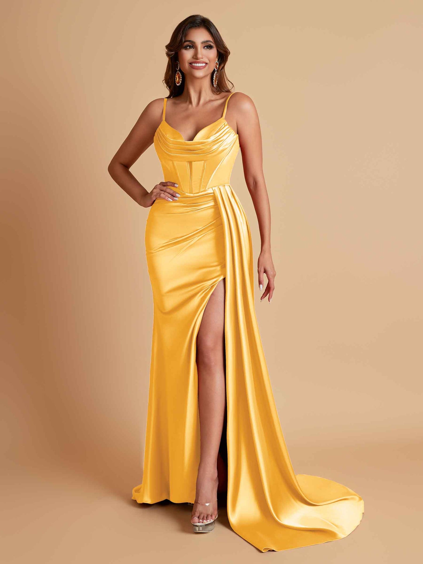 Sexy Soft Satin V-neck Spaghetti Strap Side-Slit Mermaid Bridesmaid Dresses