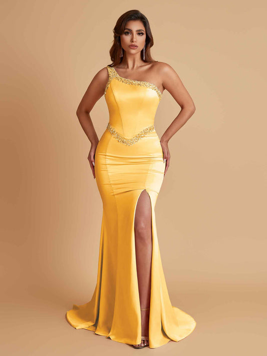 Sexy Soft Satin Mermaid One Shoulder Side Slit Beading Floor-Length Bridesmaid Dresses Online