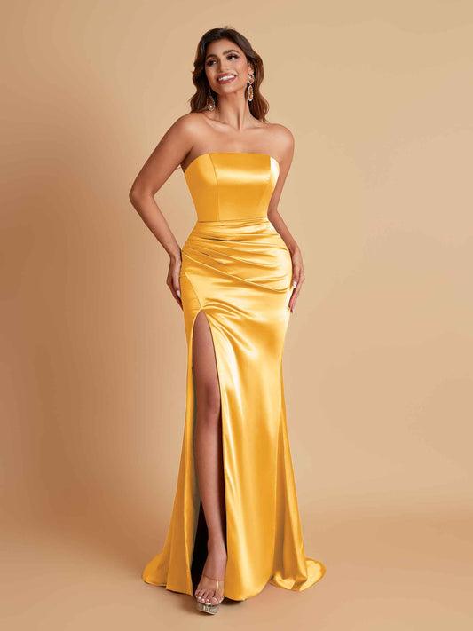 Elegant Soft Satin Strapless Split Side Mermaid Bridesmaid Dresses