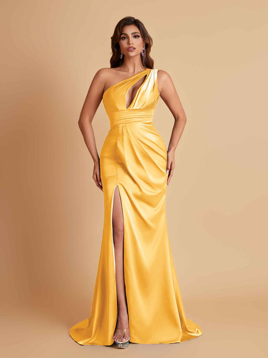Sexy One Shoulder Soft Satin Side Slit Floor-Length Mermaid Bridesmaid Dresses