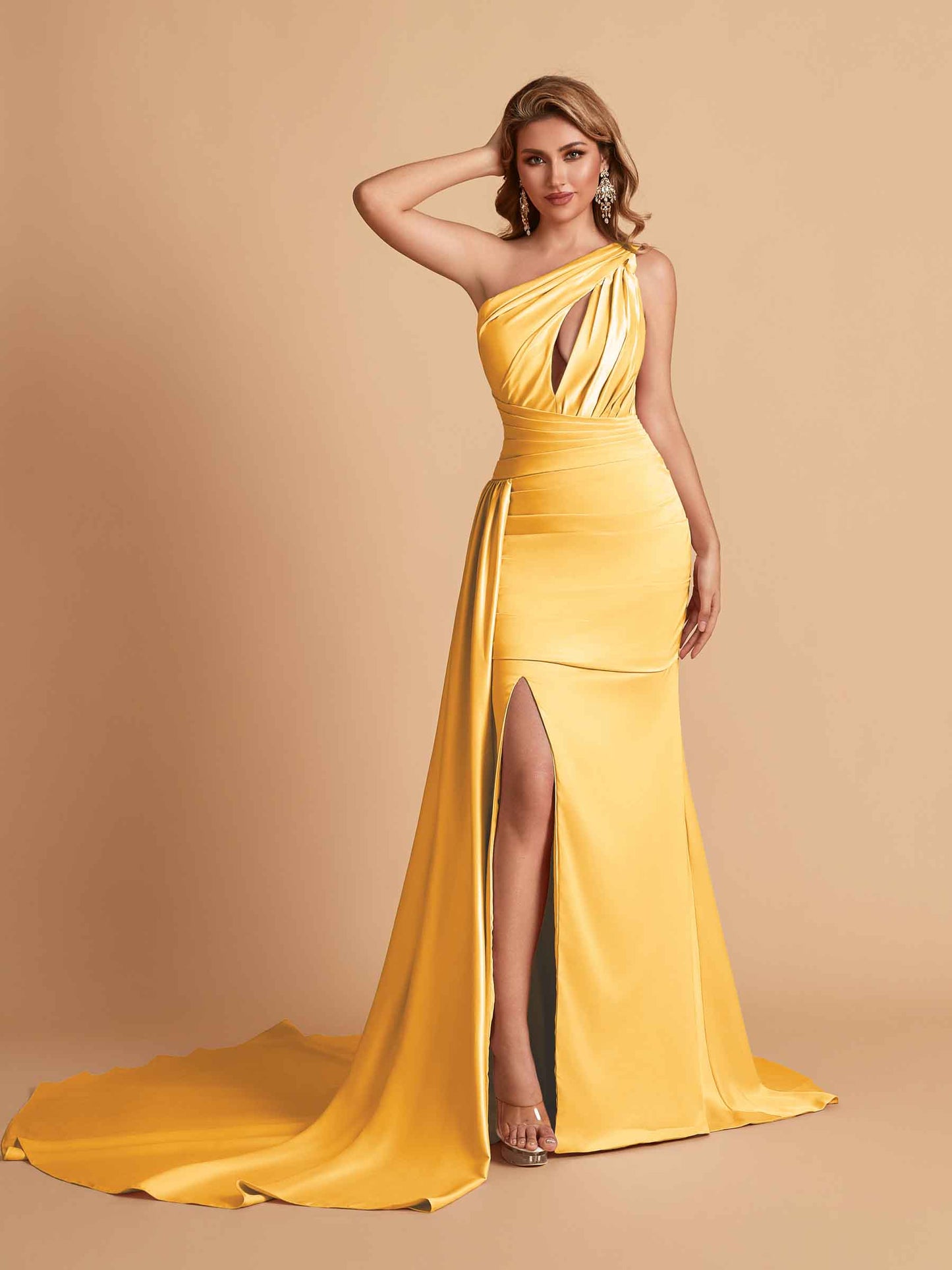 Sexy Satin Mermaid One Shoulder Side Slit Long Bridesmaid Dresses