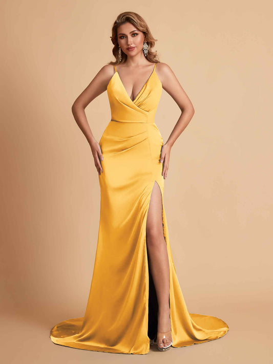 Elegant Satin Spaghetti Straps V-Neck Mermaid Side Slit Floor Length Bridesmaid Dresses
