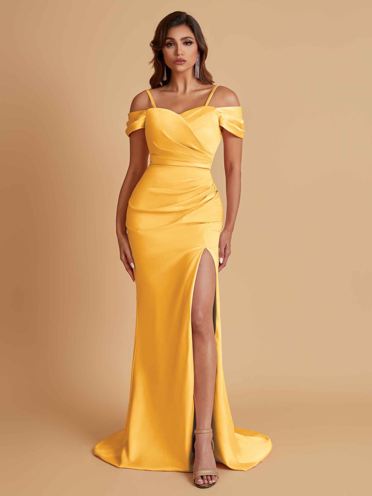Sexy Soft Satin Mermaid Cold Shoulder Side Slit Floor-Length Bridesmaid Dresses Online