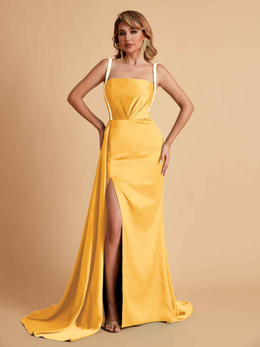 Sexy Satin Mermaid With Train Bridesmaid Dresses Pleats Side-Slit Floor-Length Wedding Guest Dresses