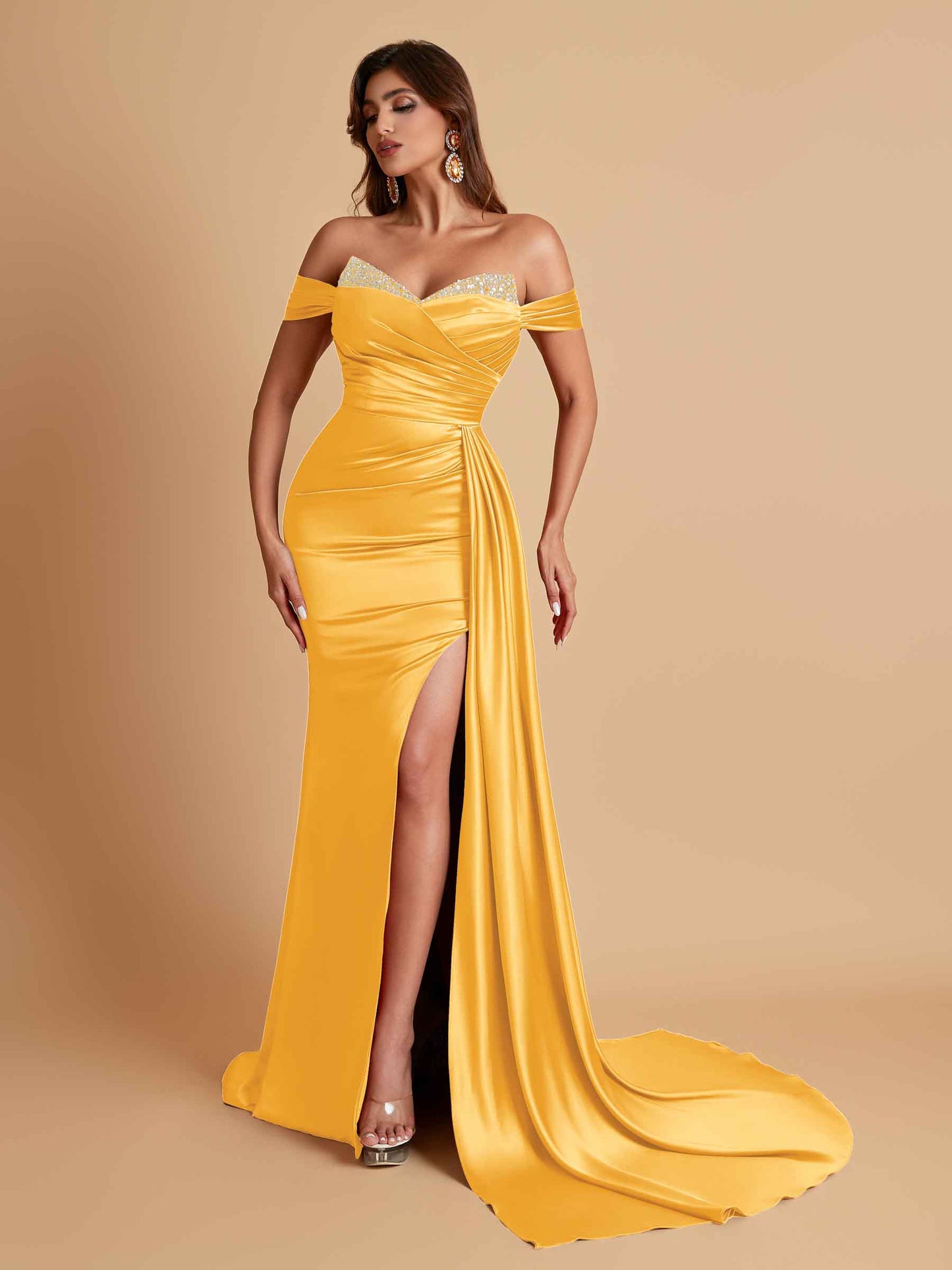 Gorgeous Soft Satin V-neck Off-the-Shoulder Side-Slit Mermaid Bridesmaid Dresses