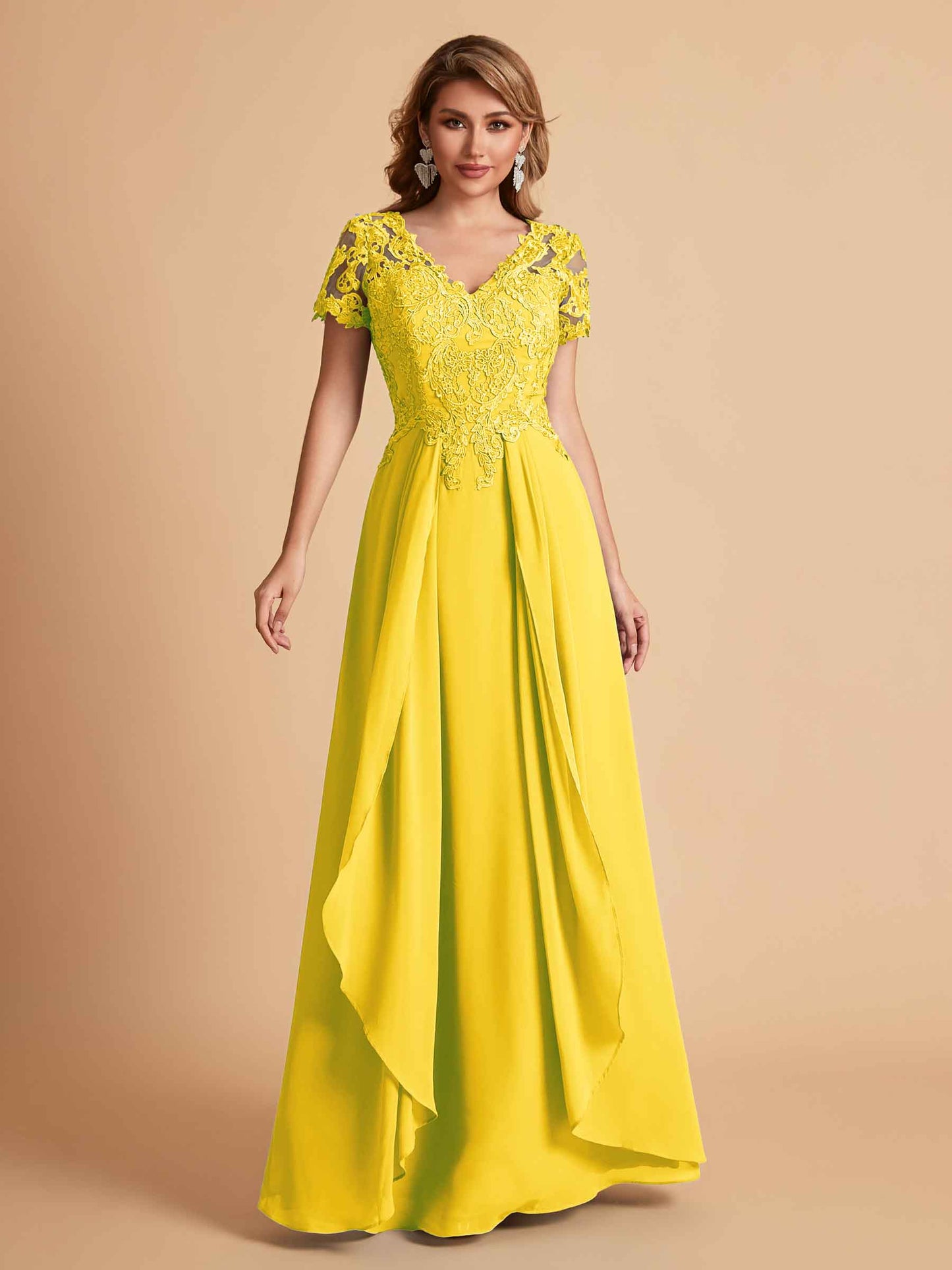Elegant A-Line Chiffon Short Sleeves V-neck Mother of the Brides Dresses Lace Top MOB Dresses