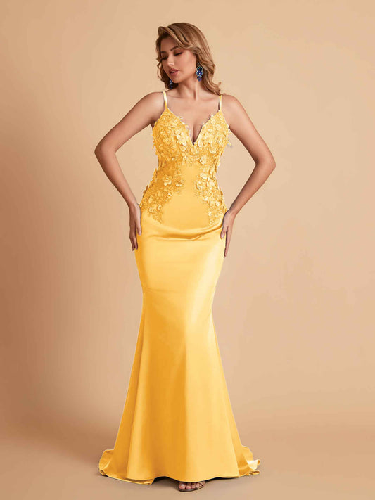 Sexy Satin Spaghetti Straps V-neck Mermaid Floor Length Applique Bridesmaid Dresses