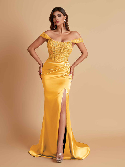 Sexy Soft Satin V-neck Off-the-shoulder Strapless Side-Slit Mermaid Bridesmaid Dresses