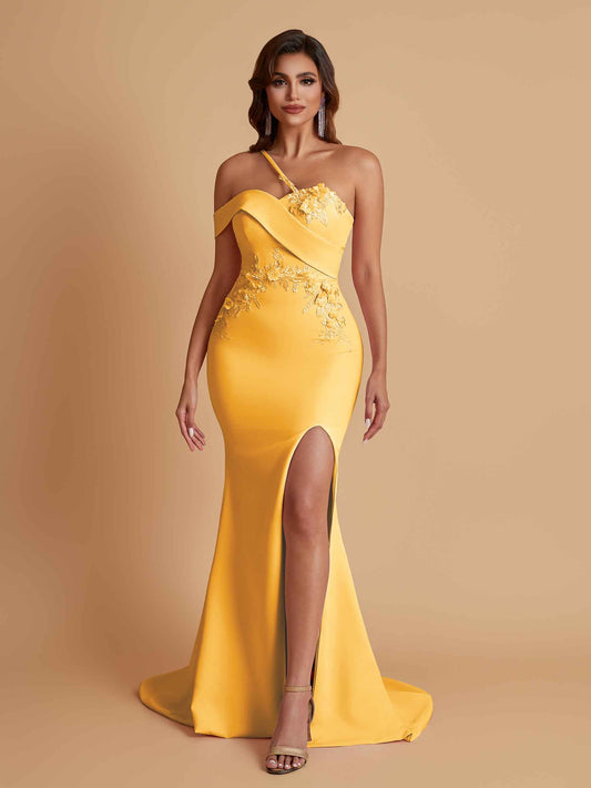 Sexy Soft Satin Mermaid One Shoulder Asymmetrical Side Slit Floor-Length Bridesmaid Dresses