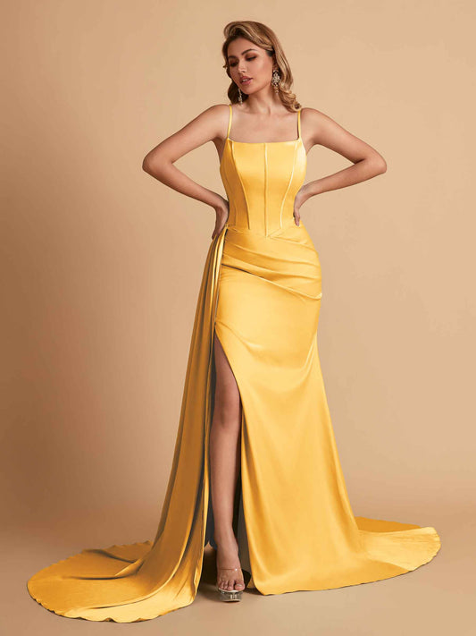 Elegant Satin Spaghetti Straps Mermaid Side Slit Floor Length Bridesmaid Dresses