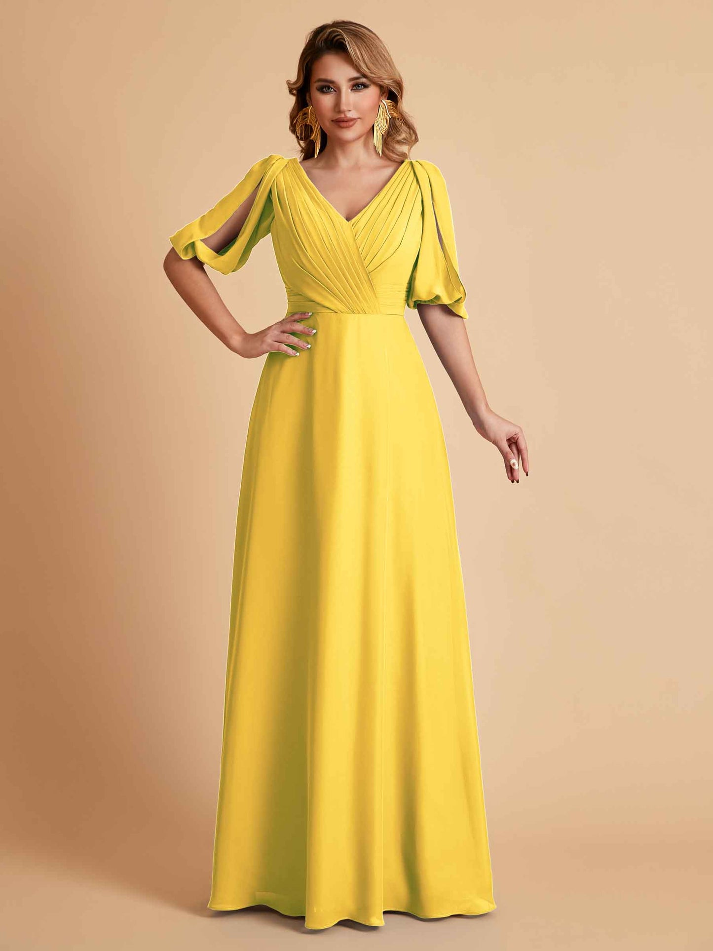 Elegant A-Line Chiffon Half Sleeves V-Neck Mother of the Brides Dresses Online