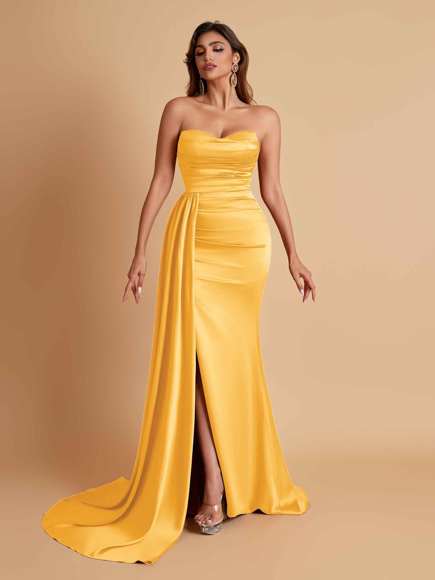 Elegant Soft Satin Sweetheart Strapless Side-Slit Mermaid Bridesmaid Dresses