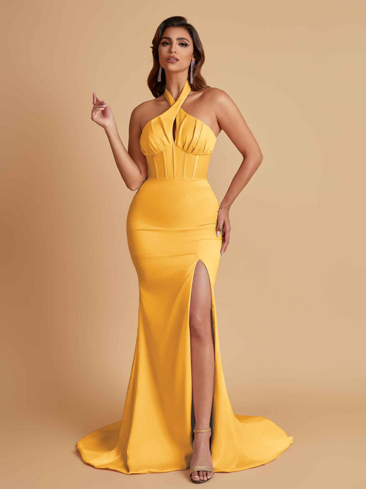 Elegant Soft Satin Mermaid Halter Side Slit Floor-Length Bridesmaid Dresses Online