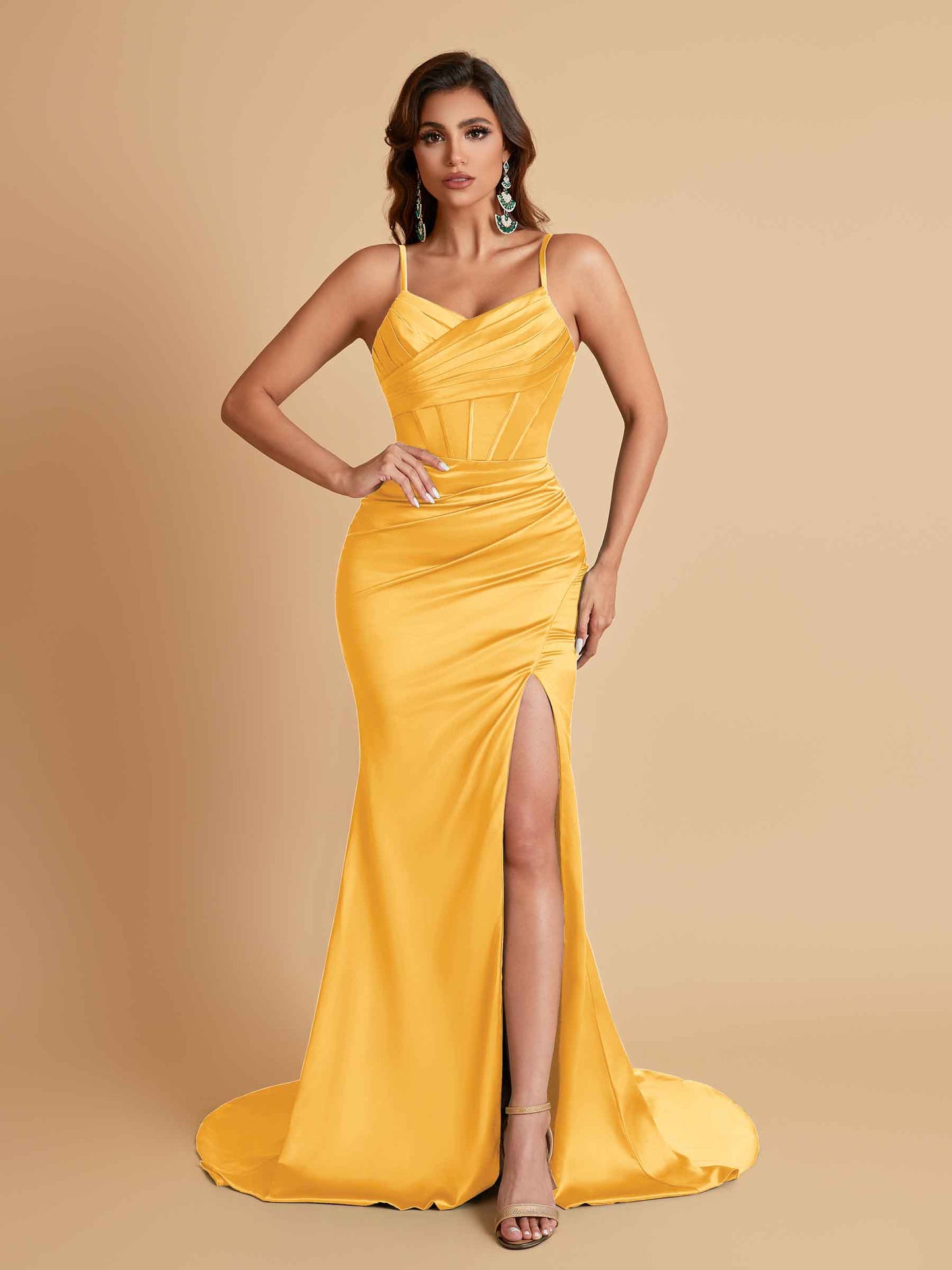Sexy Spaghetti Straps V Neck Soft Satin Side Slit Floor-Length Mermaid Bridesmaid Dresses