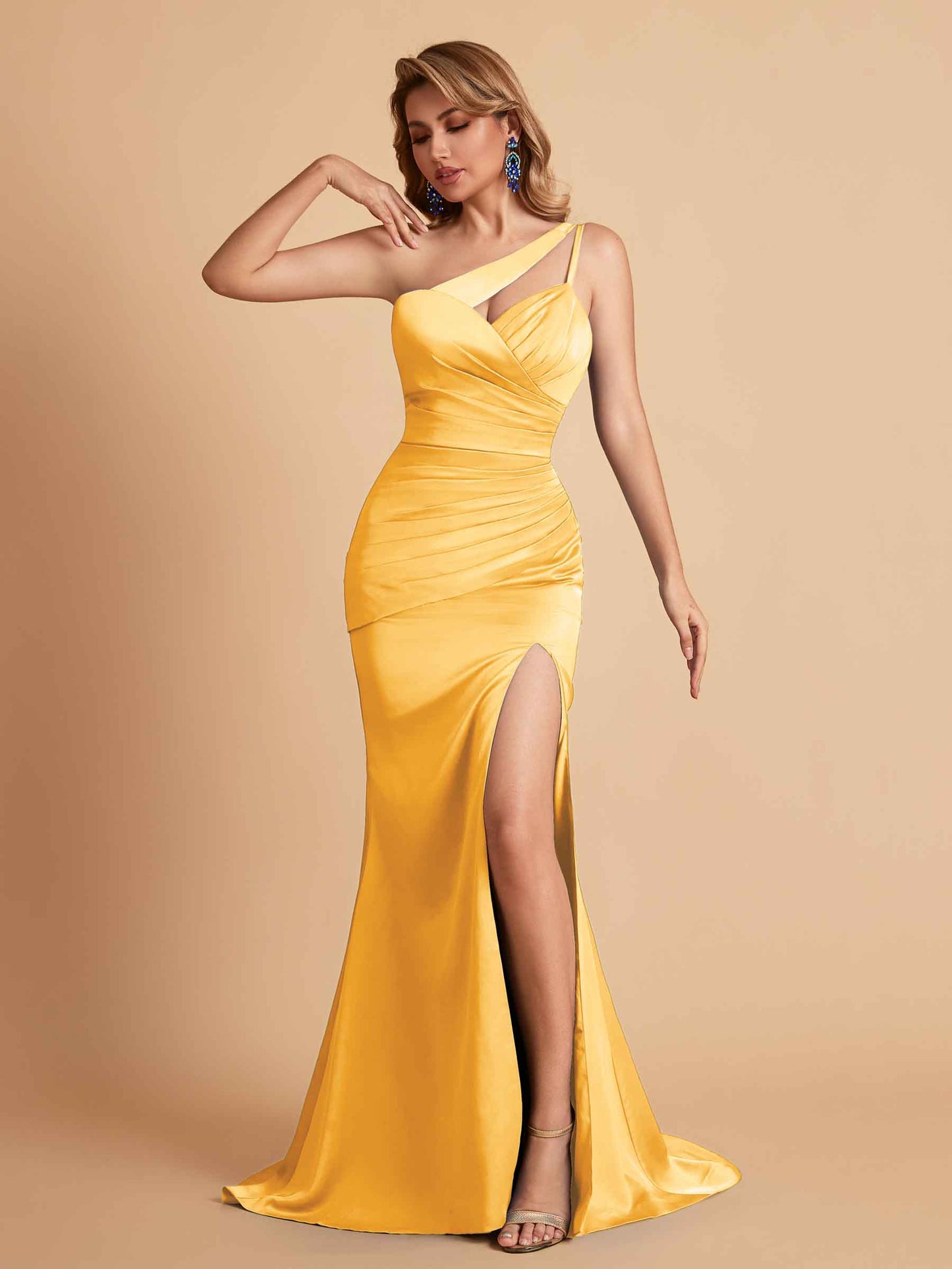 Elegant Satin One Shoulder Mermaid Side Slit Floor Length Bridesmaid Dresses