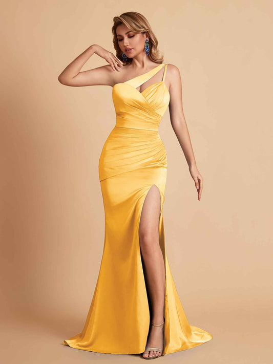 Elegant Satin One Shoulder Mermaid Side Slit Floor Length Bridesmaid Dresses
