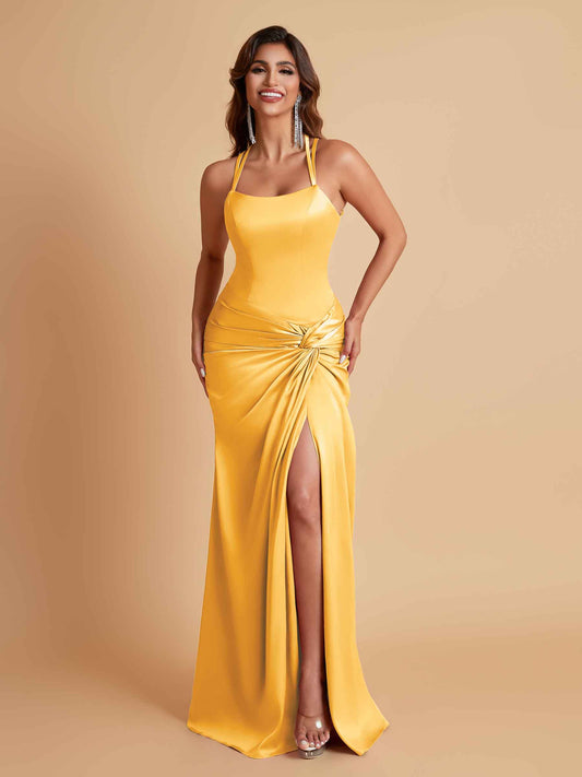 Gorgeous Square Criss Cross Soft Satin Side Slit Floor-Length Mermaid Bridesmaid Dresses