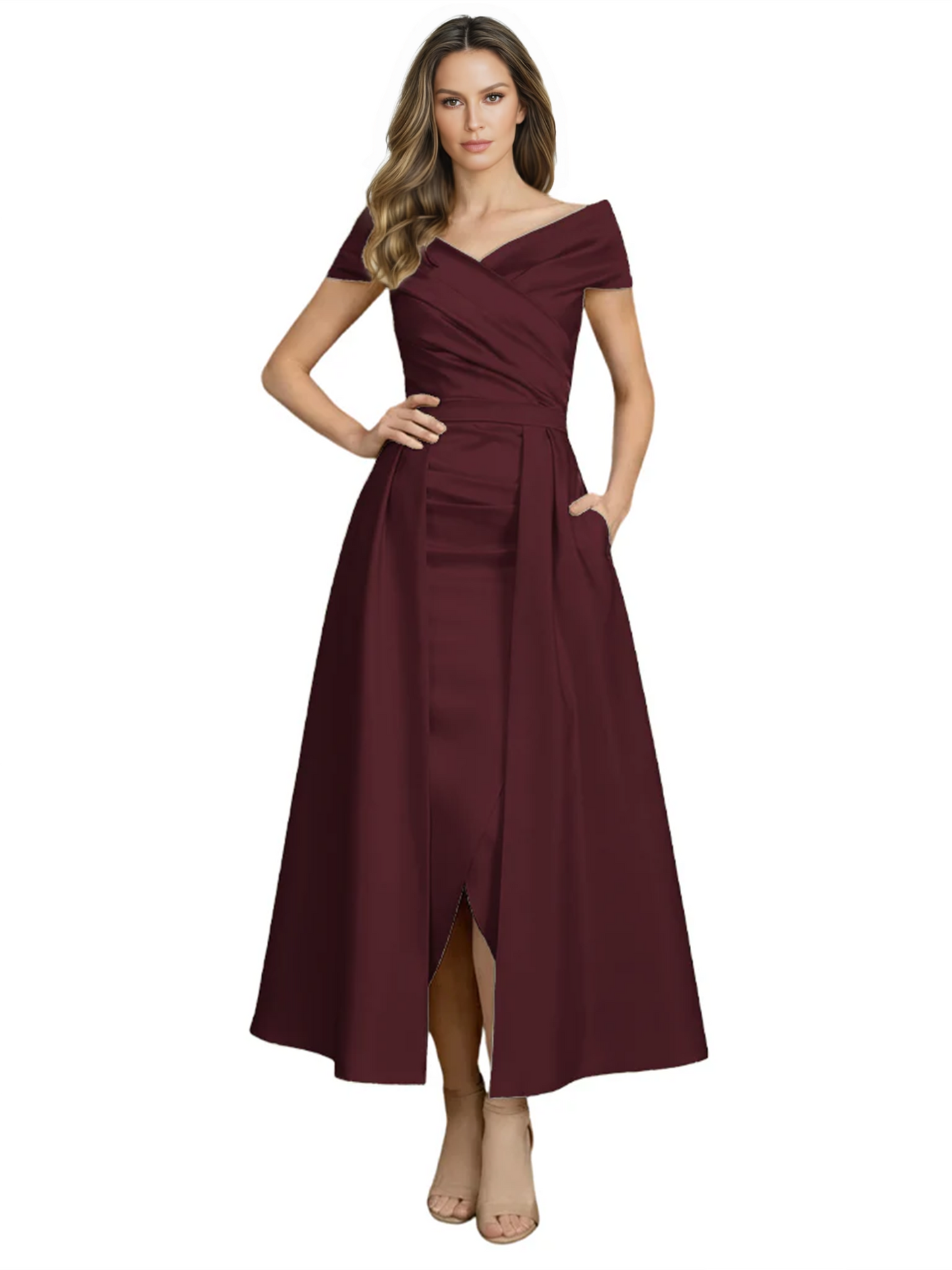 Formal Floor-Length Mother of the Bride Gown Satin Maxi Dress with Slit Off Shoulder