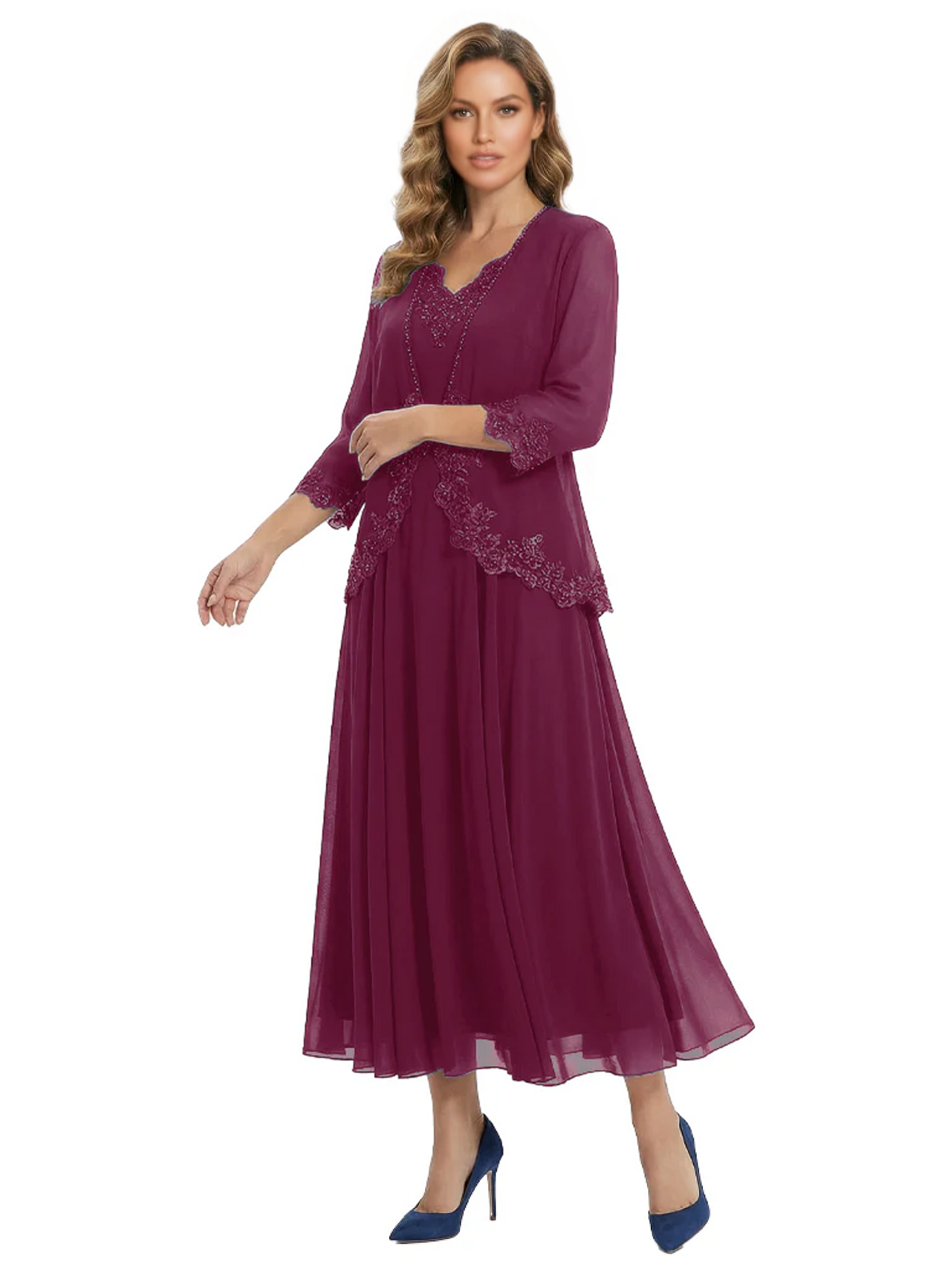 3/4 Sleeve Chiffon Mother of the Brides Dresses V-Neck Wedding Party Gowns