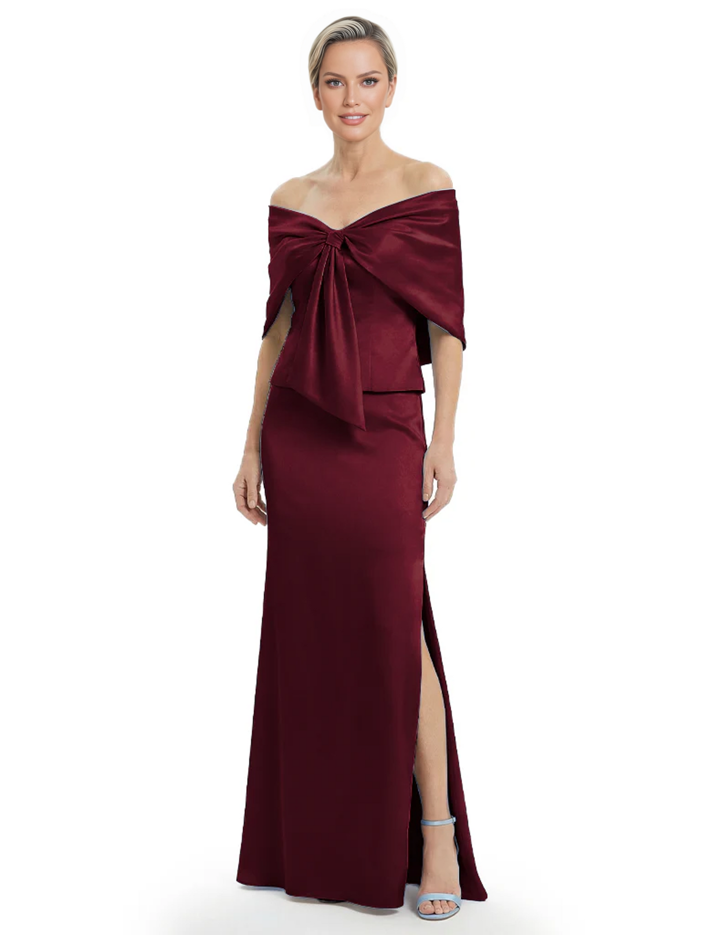 Formal Floor-Length Mother of the Bride Gown Satin Maxi Dress with Bow Neckline