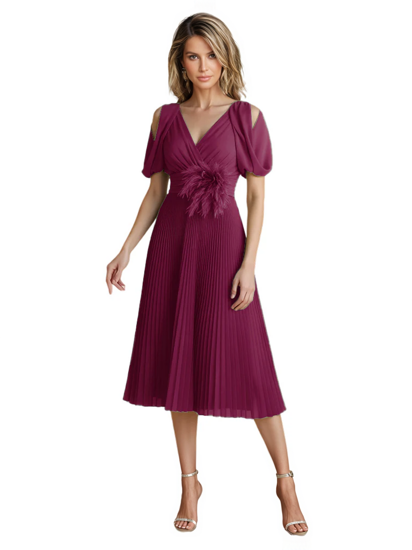 Wedding Formal Dress V-Neck Pleated Chiffon Gown with 3D Flower Accent Knee Length