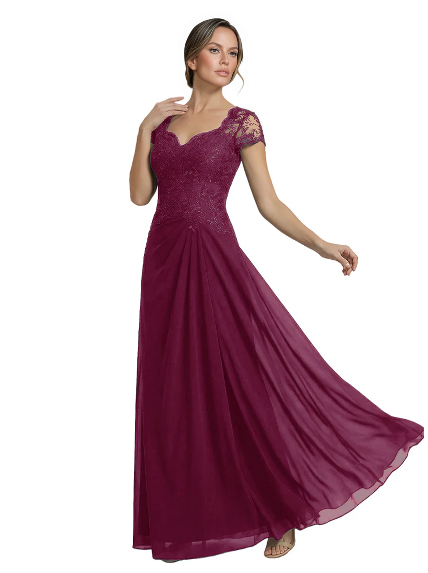 Long A-line Chiffon Short Sleeves Mother of the Brides Dresses Lace Wedding