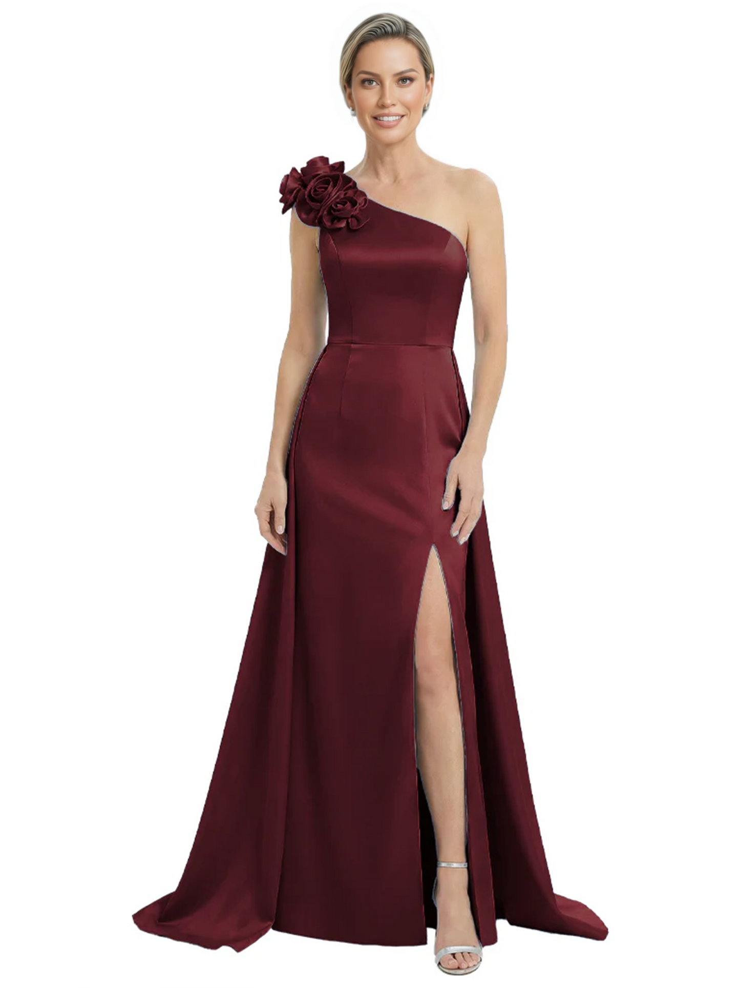 One Shoulder Mother of the Bride Dress with 3D Floral Detail Formal Dress A-Line Gowns with Slit