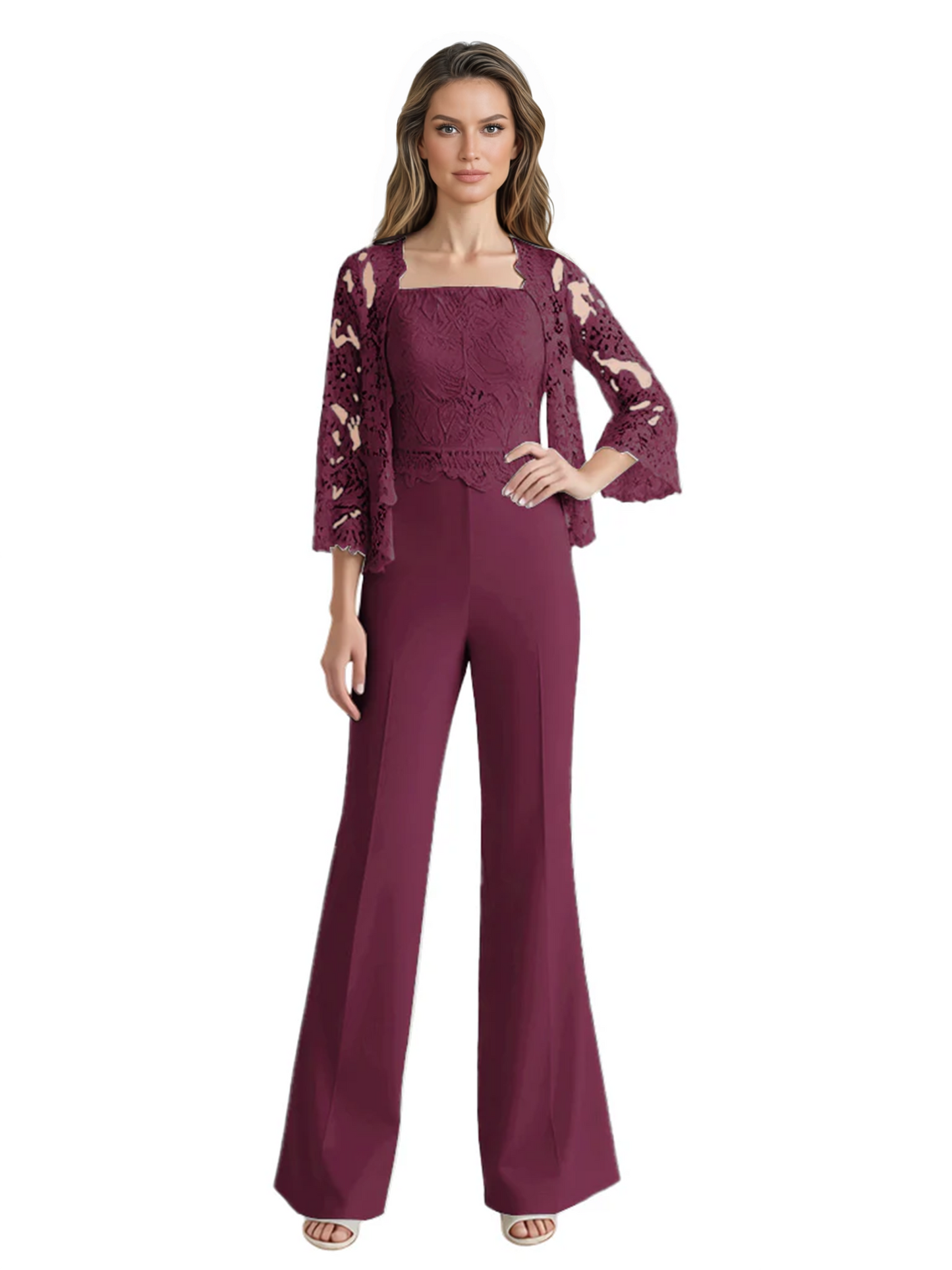 Mother of the Bride Jumpsuit with Lace Jacket 3/4 Sleeve Formal Pant Suit