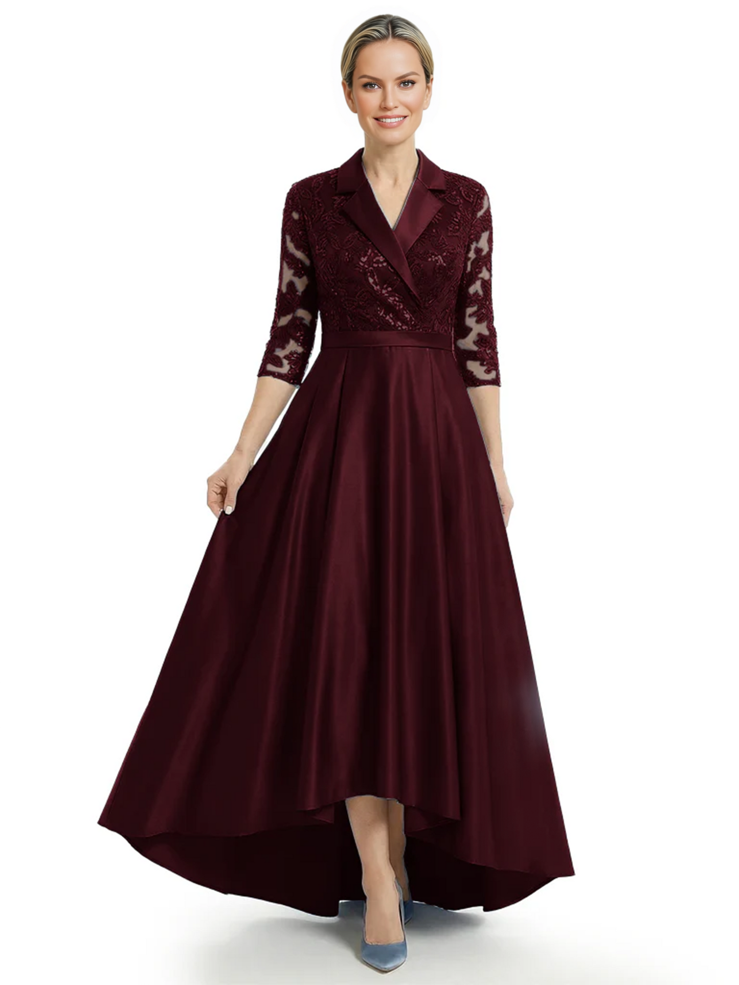 Elegant Mother of Bride Dress Evening Gowns Trending Styles with Lapel Collar 3/4 Sleeves