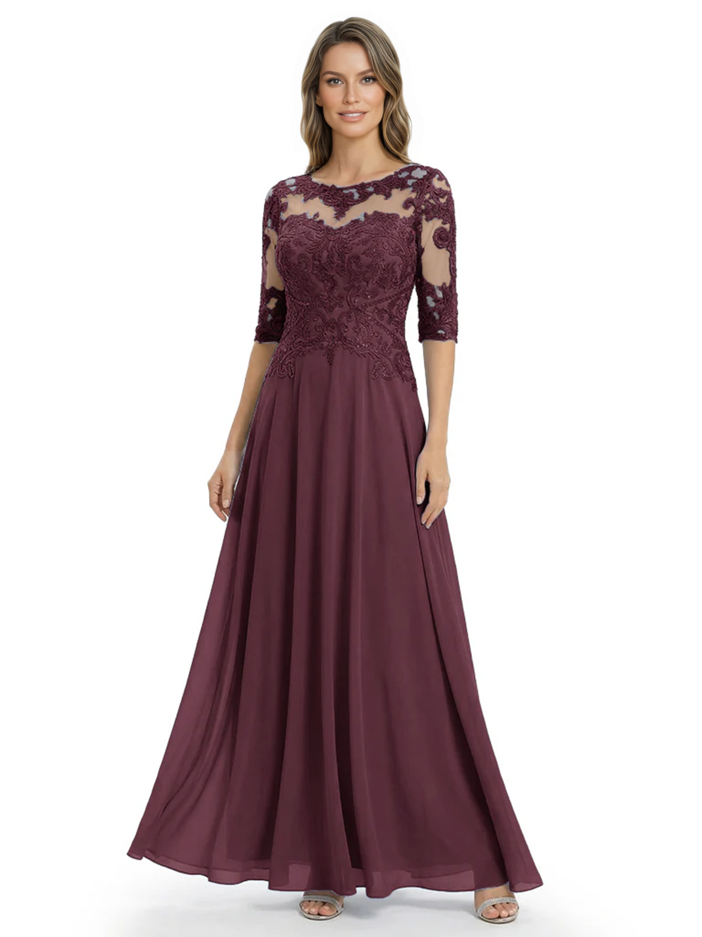 Illusion Neck Mother of the Bride Dress Half Sleeve Lace Applique Gowns Chiffon