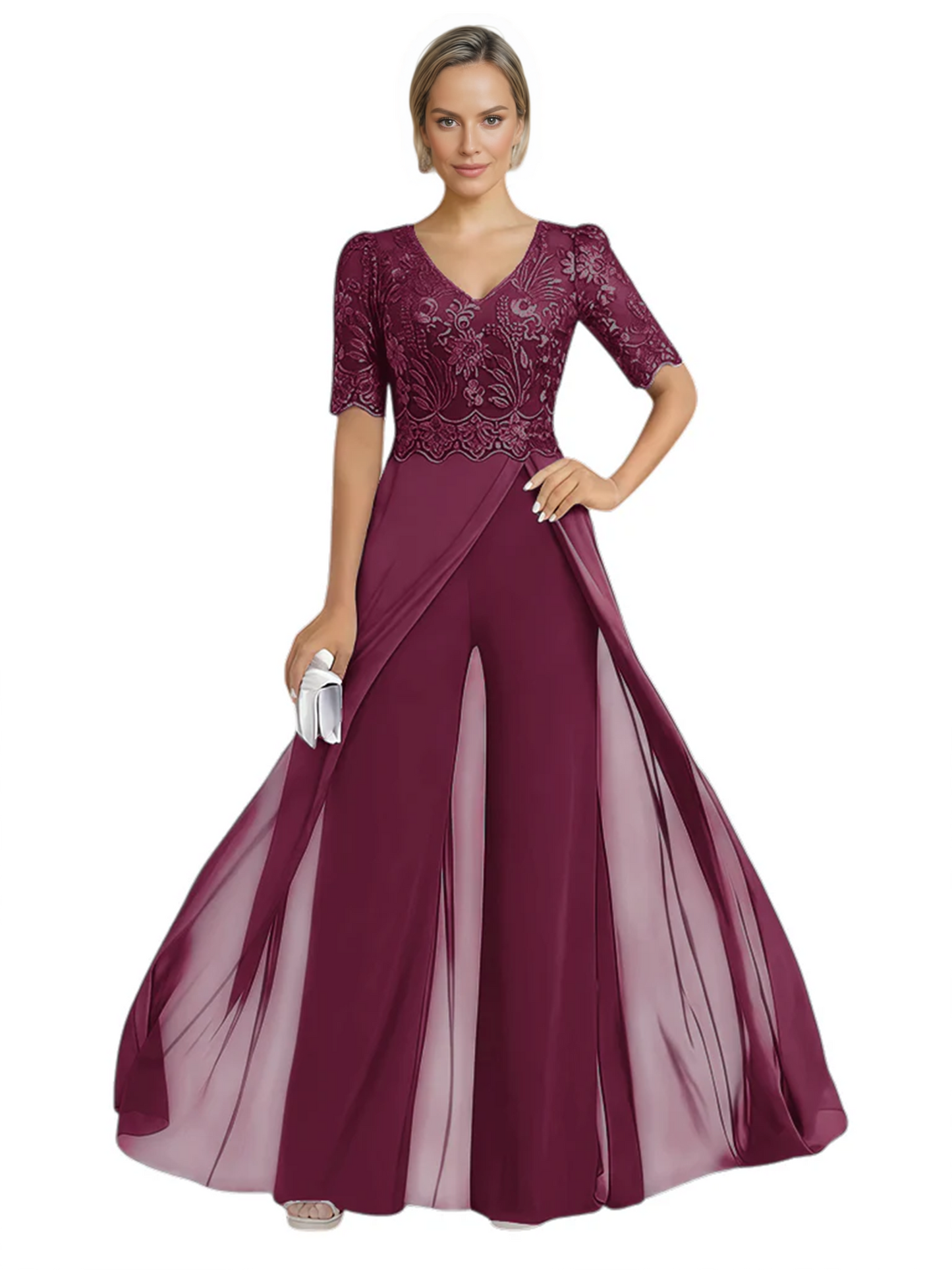 V-Neck Chiffon Mother of the Brides Jumpsuits Dresses Floor Length A-Line Lace