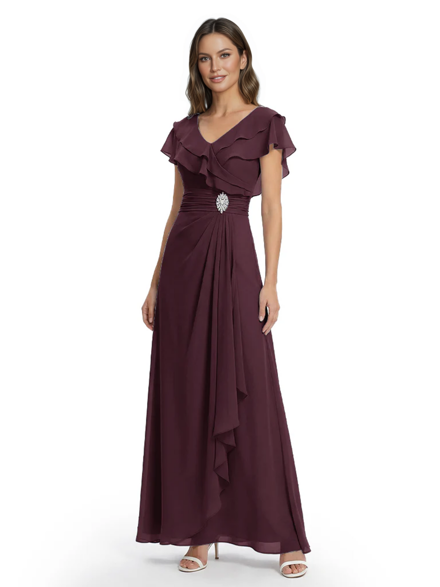 Elegant Mother of the Groom Dress Cascading Ruffle Chiffon Formal Gown Rhinestone