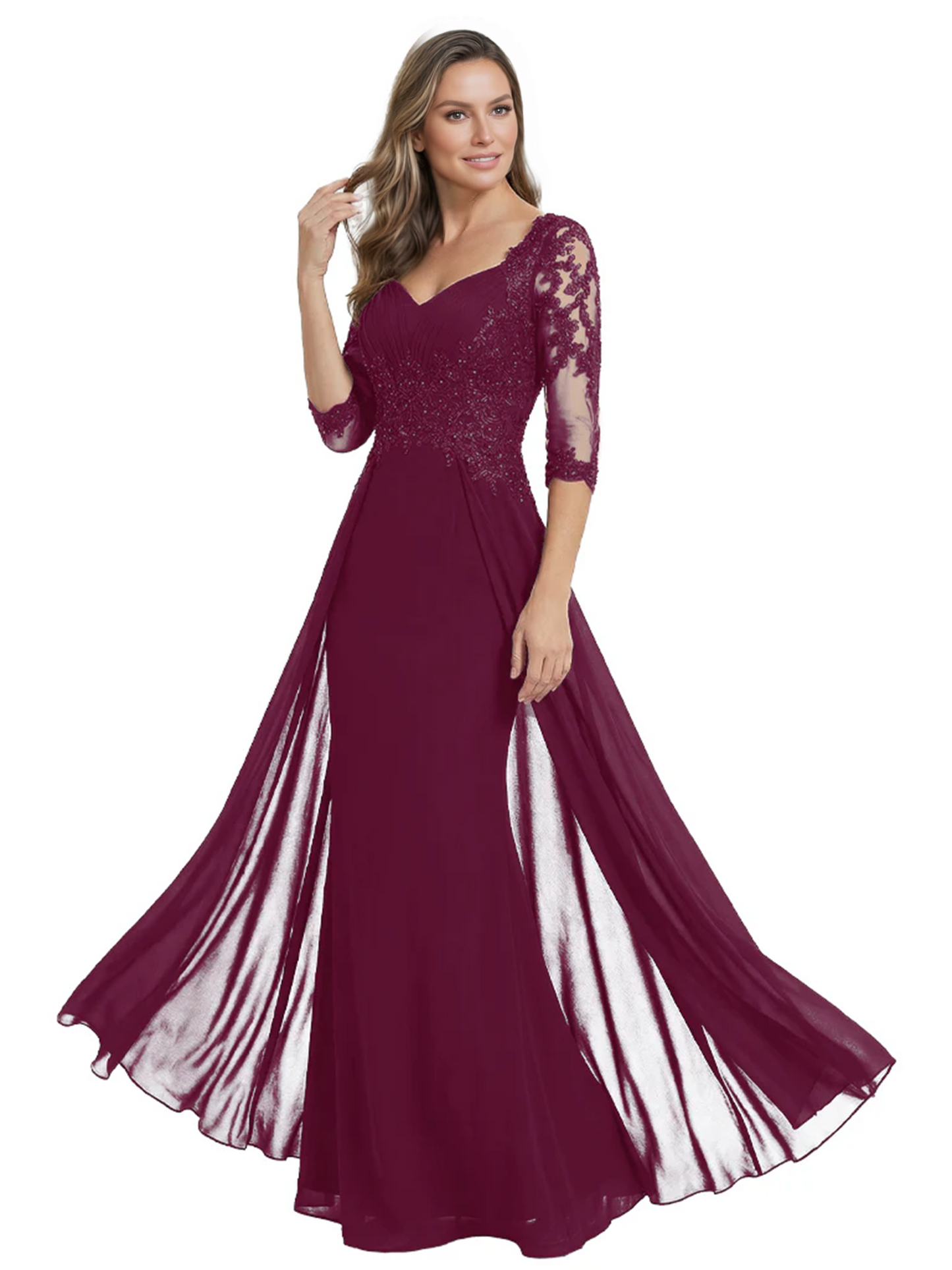 Luxury Burgundy Formal Dress Embroidered Lace Bodice Flowy Chiffon Gown 2026