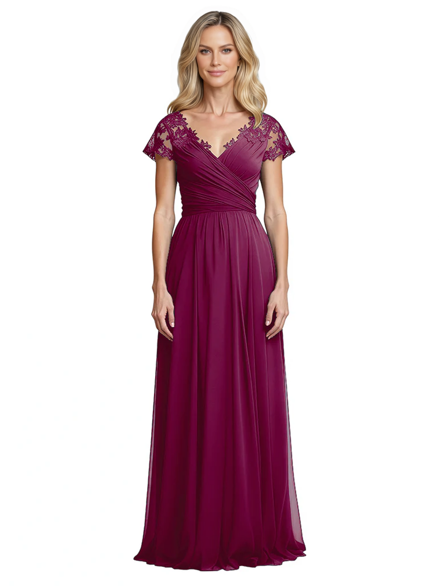Mother of the Bride Dress Cap Sleeves and V-Neckline with Embroidered Lace Shoulders