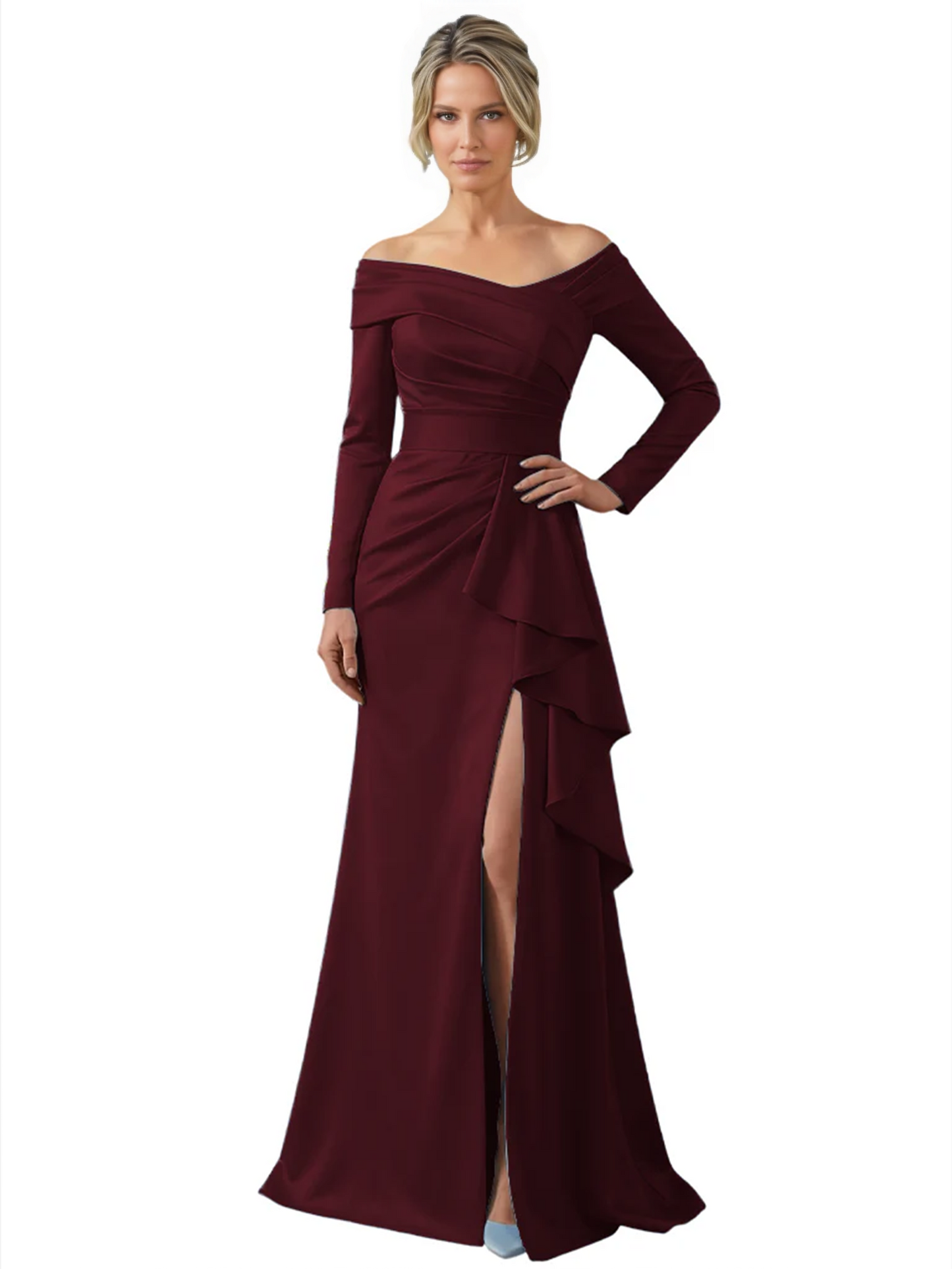 Elegant Mother of the Groom Dress Cascading Ruffle Satin Gown with High Slit Long Sleeves