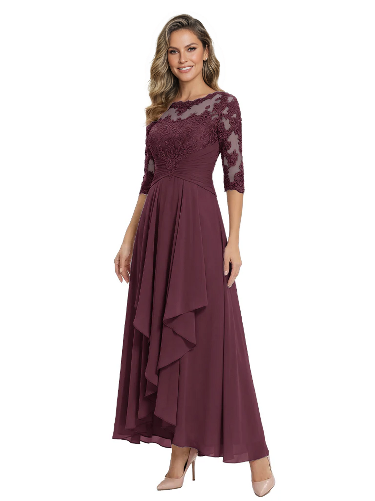 3/4 Sleeve Mother of the Bride Dress with Lace Embroidery High-Low Hem 2026