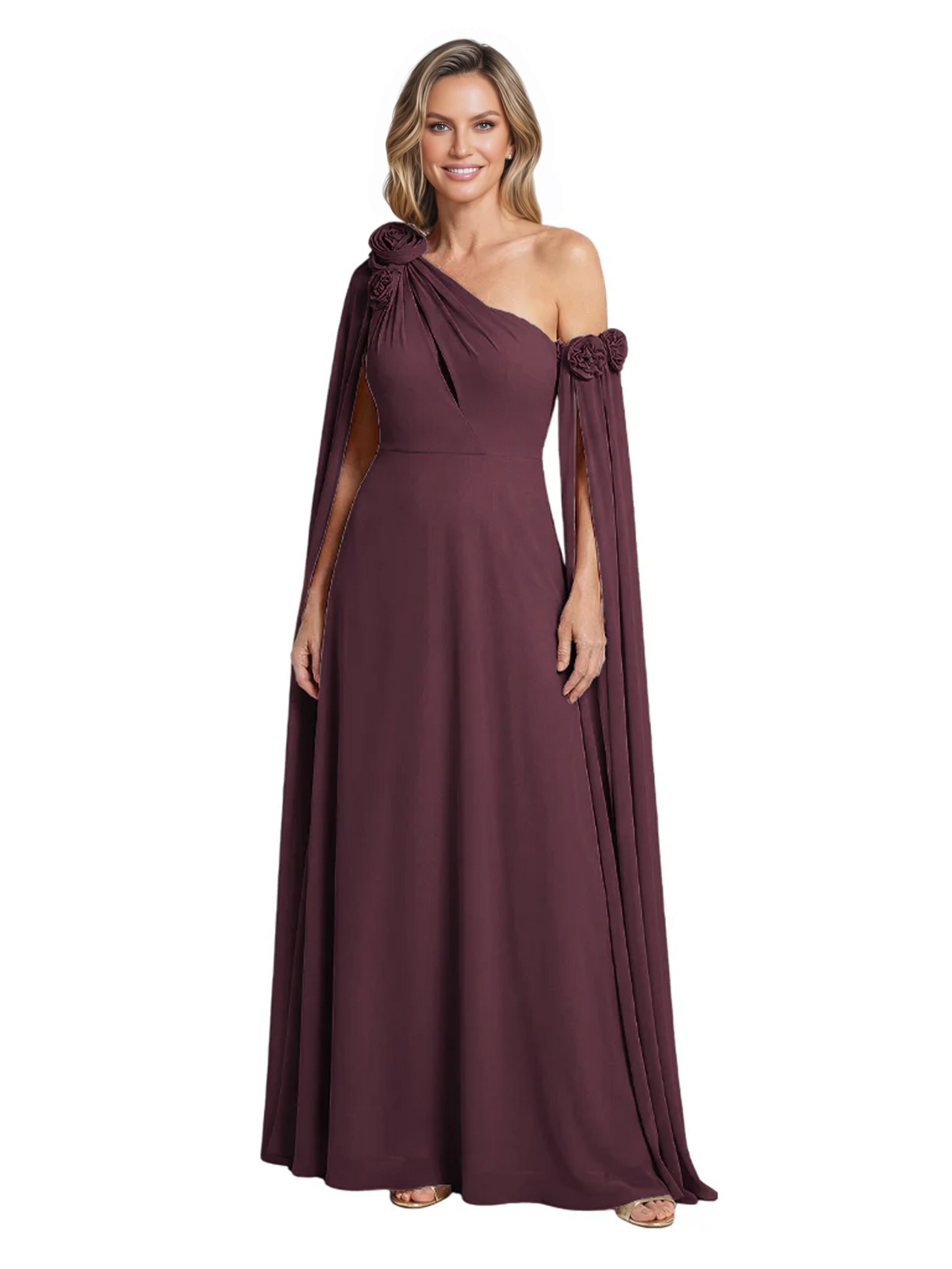 One Shoulder Mother of the Bride Dress Asymmetrical Cape Sleeve Gown with Floral