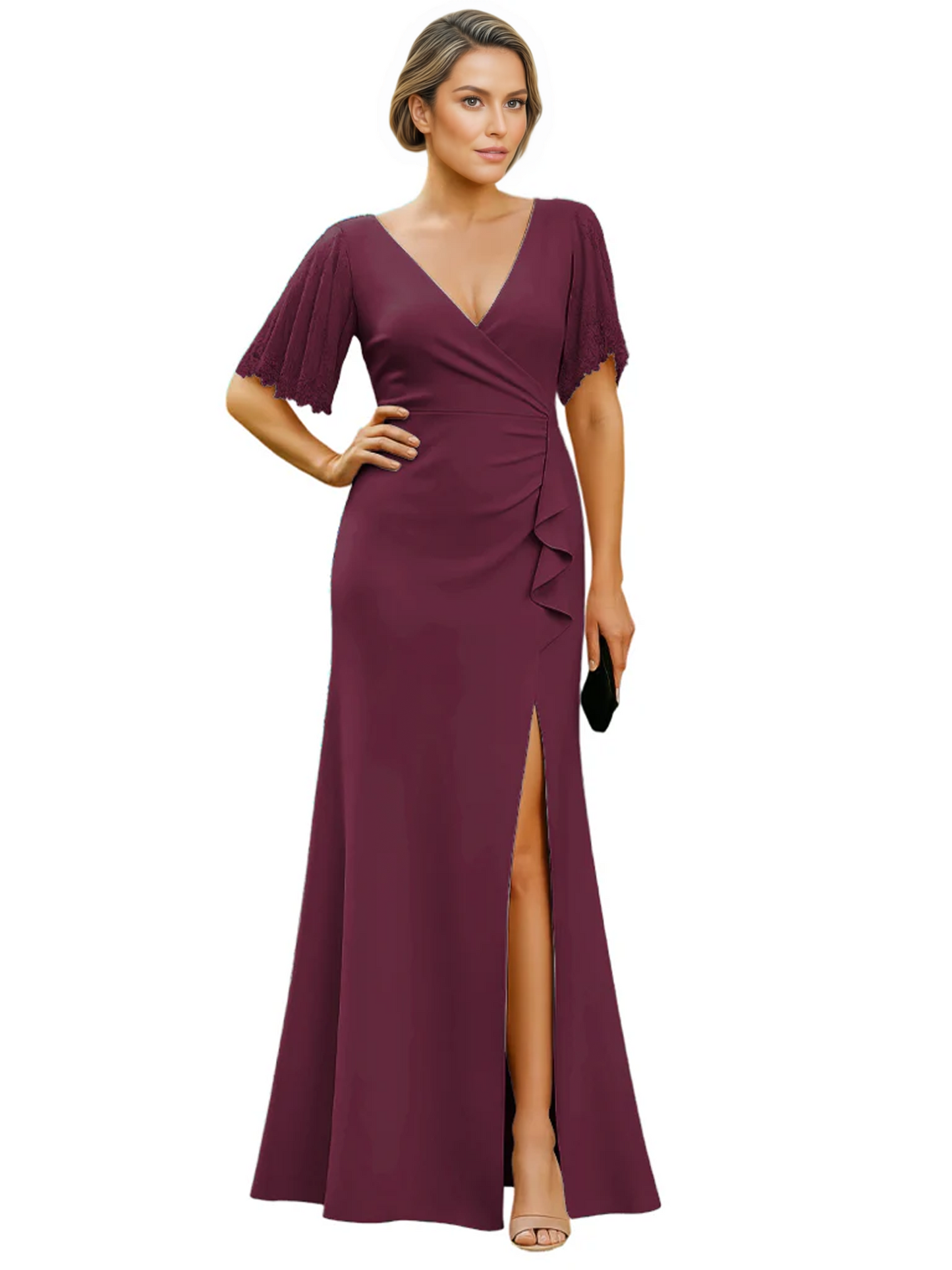 Elegant Evening Gown Trending V-Neck & Ruffle Detail Mother of Bride Outfits Slit