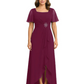 Formal High-Low Mother of the Bride Gown Sleeved Chiffon Maxi Dress Ruched Waist