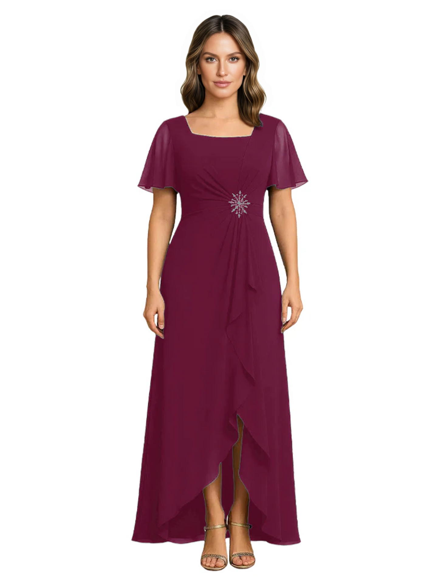 Formal High-Low Mother of the Bride Gown Sleeved Chiffon Maxi Dress Ruched Waist