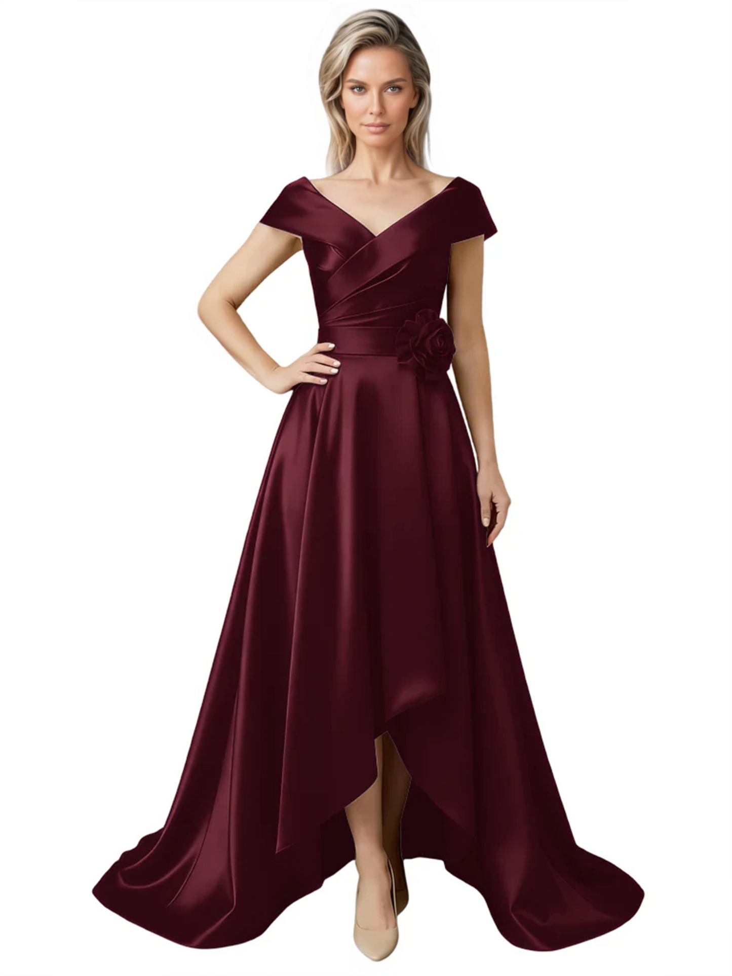 Off Shoulder Mother of the Bride Dress High-Low Satin Gown with Portrait Neckline