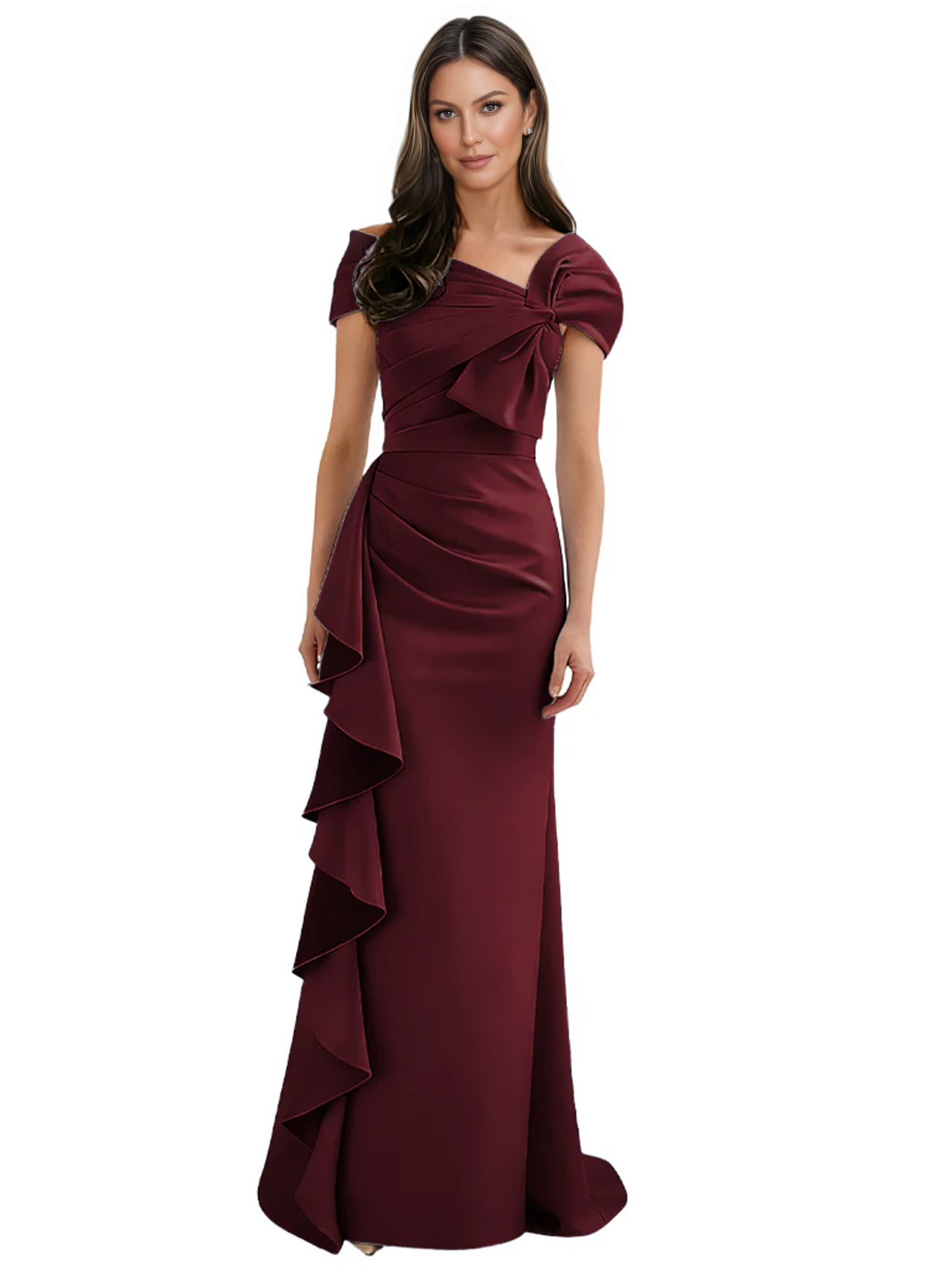 Elegant Mother of Bride Dress Formal Gowns Mermaid Ruffle Floor Length Asymmetric Neckline