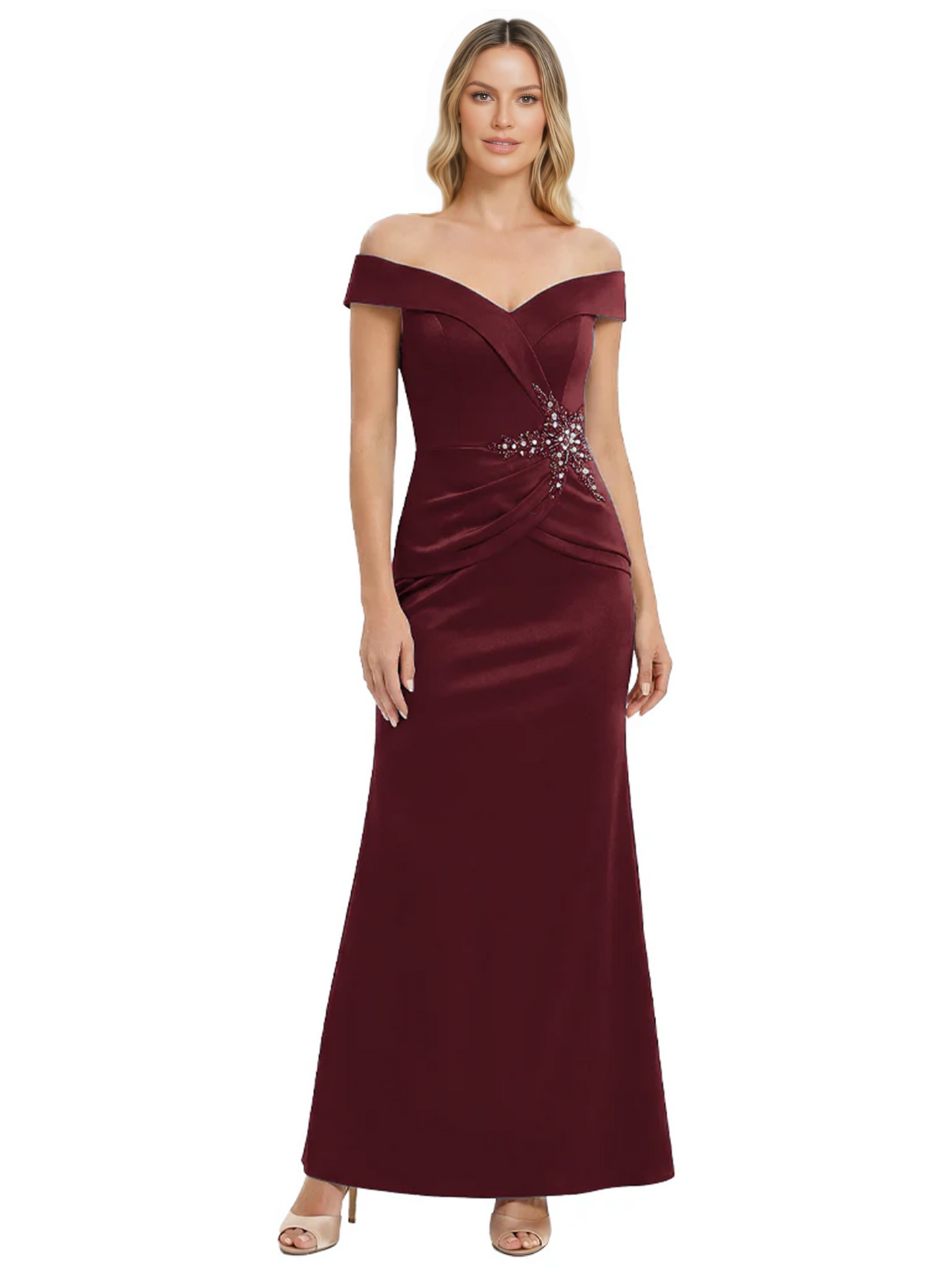 Off Shoulder Mother of the Bride Dress Beaded Waist Satin Gown Portrait Neckline
