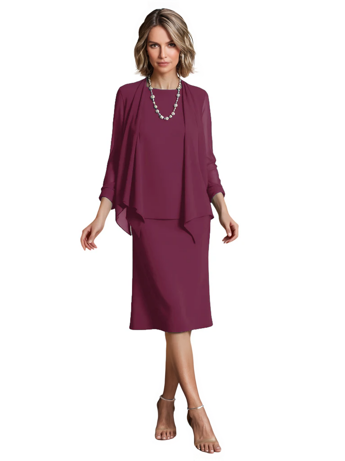 3 PCS Knee-Length Mother of Bride Dresses Prom Dress Evening Dress with Sheer Sleeves and Jacket