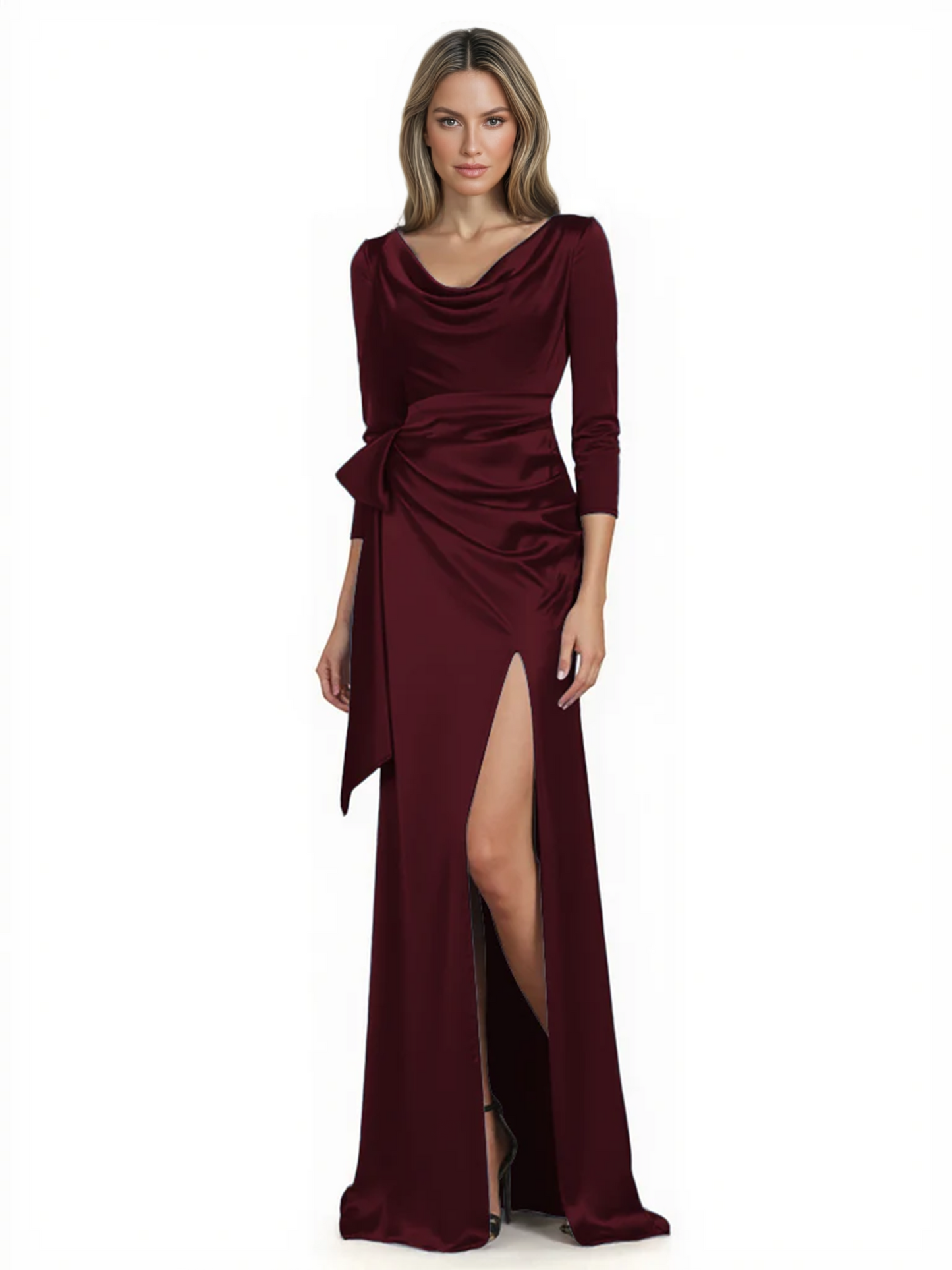 Elegant Evening Gowns Slit Trending Styles Satin Slit Formal Dress Cowl Neckline Gown Tie