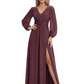 A-Line Mother of Bride Dress V-Neck Chiffon Gown Long Sleeves Slit Formal Dress