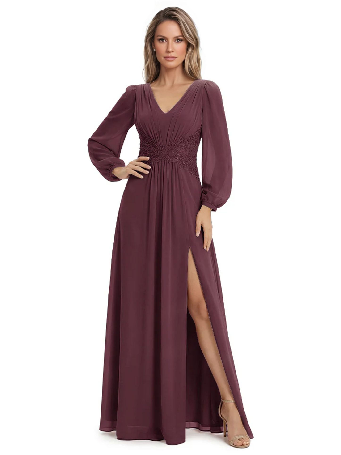 A-Line Mother of Bride Dress V-Neck Chiffon Gown Long Sleeves Slit Formal Dress