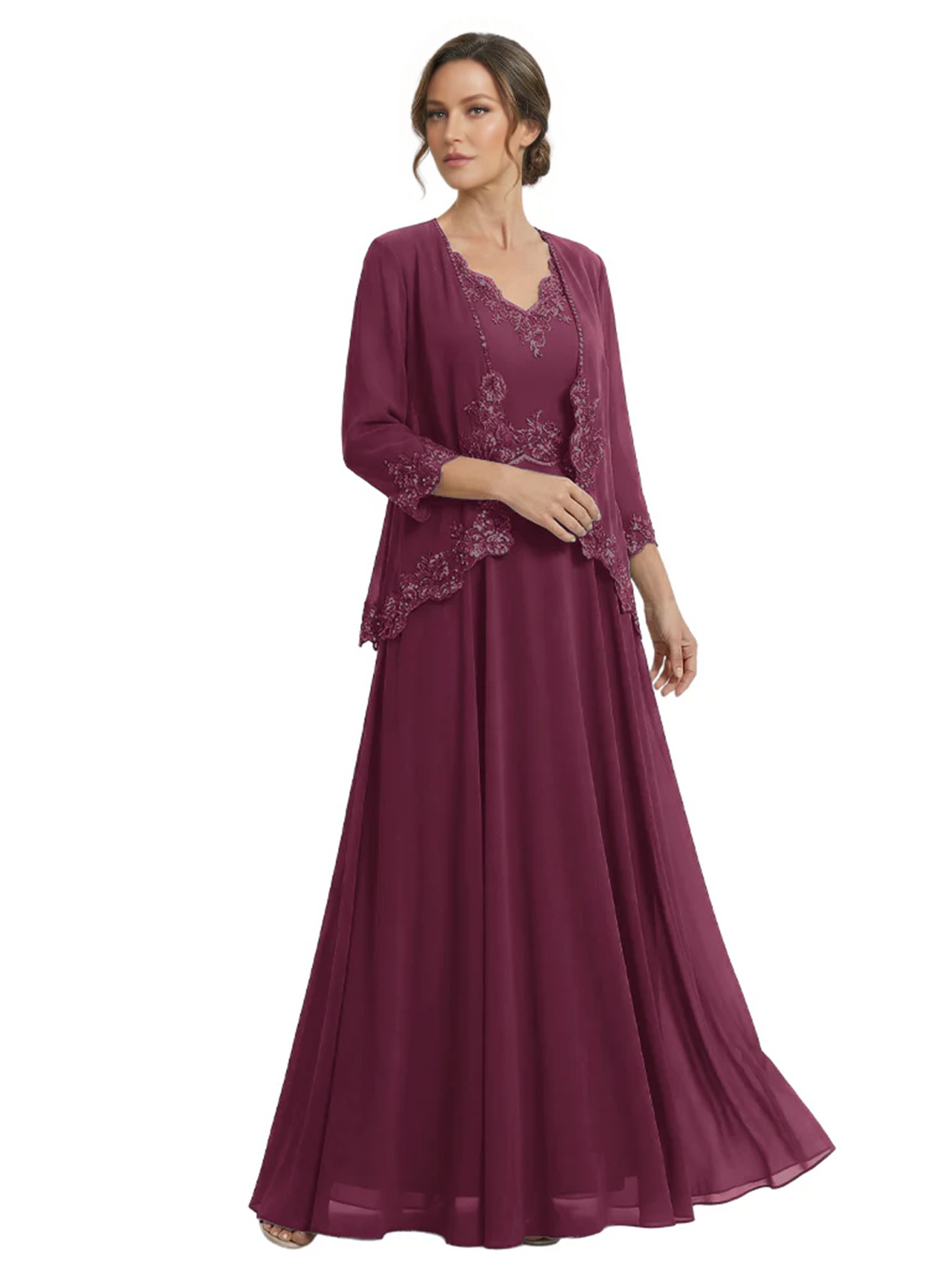 Plus Size A-line Chiffon 3/4 Sleeves Mother of the Brides Dresses Long Jacket Dress