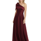 One-Shoulder Mother of the Bride Dress Satin Gown with Bow Ruched Empire Waist